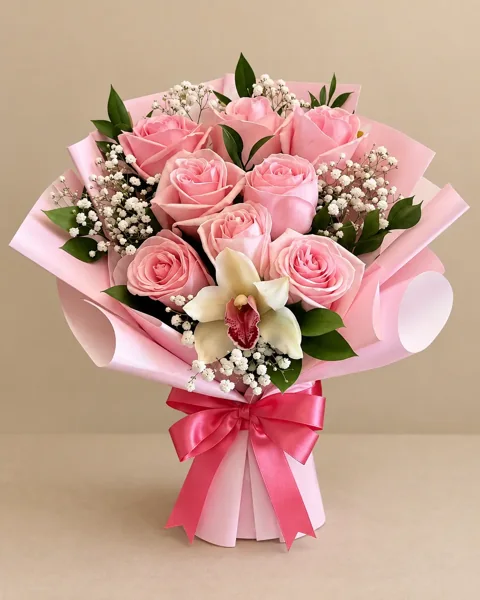 Rosas Rosadas y Orquídea